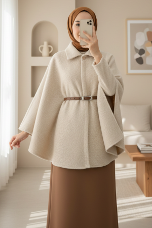 Single Buttoned Belted Bearded Poncho - Beige