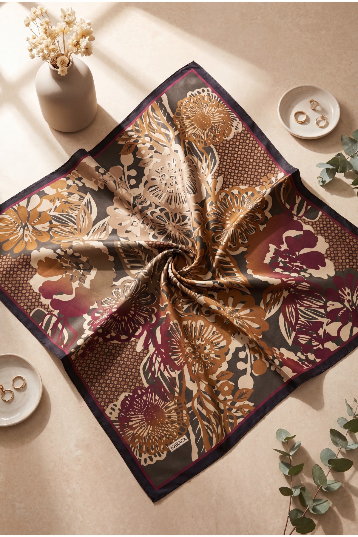 Botanical Effect Rayon Scarf -Snuff