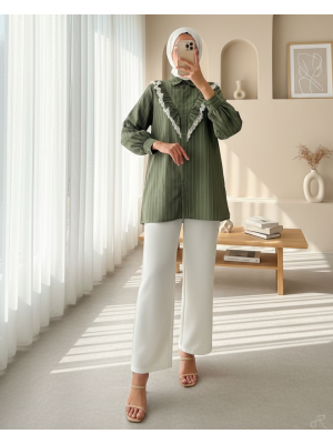 Boydan Düğmeli Önü Dantelli Fırfırlı Çizgili Gömlek -Haki