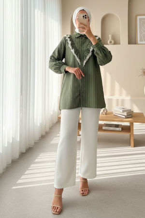 Buttoned Front Laced Ruffle Striped Shirt -Khaki