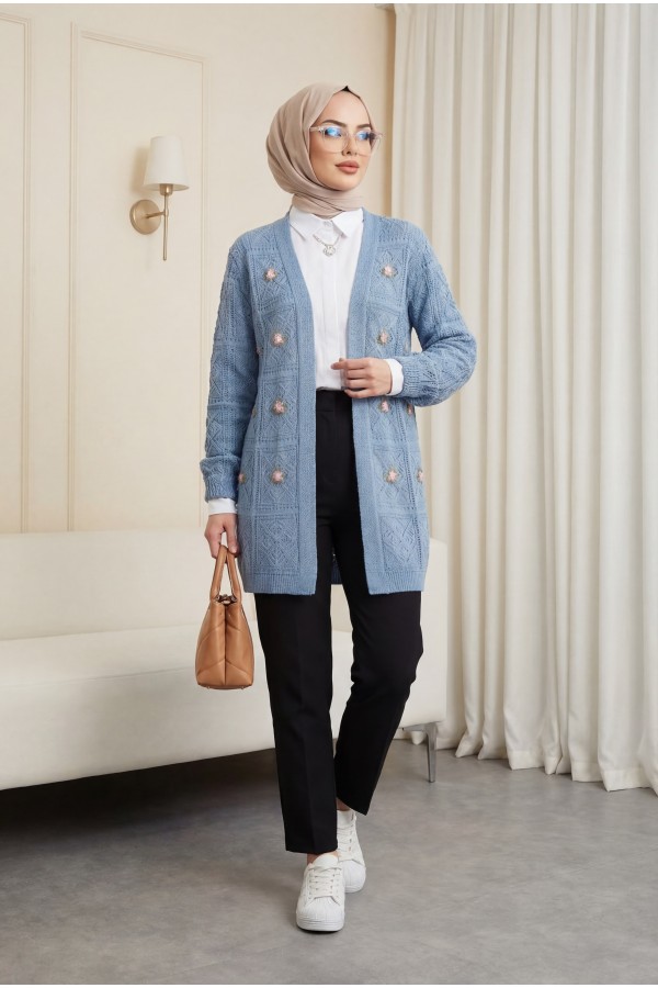 Openwork Embroidered Cardigan -Blue