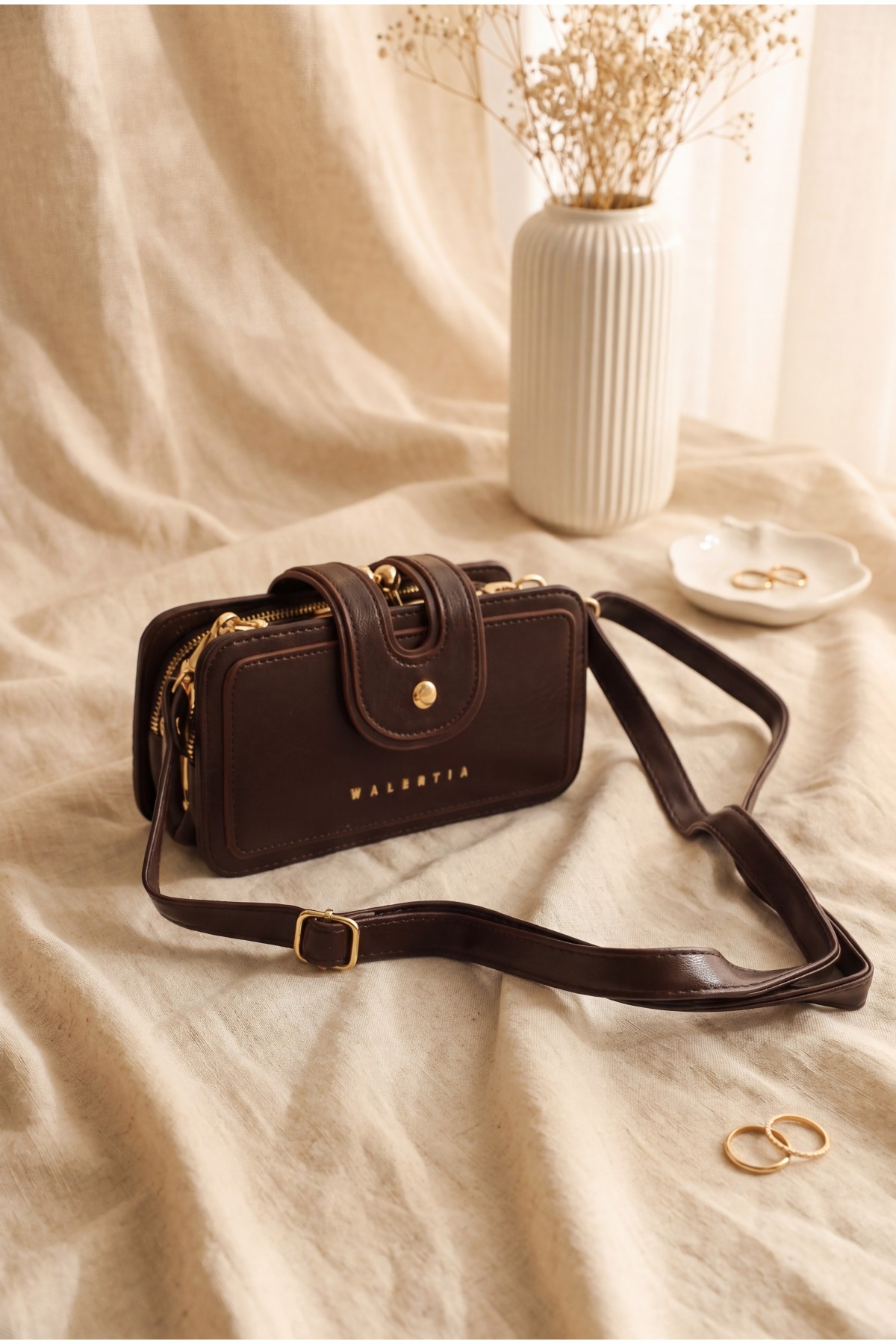 Gold Detailed Multifunctional Hand and Shoulder Bag -Dark Coffee