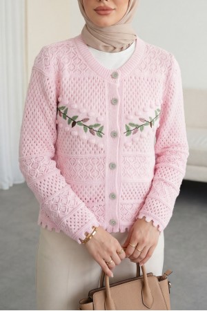 Buttoned Front Embroidered Openwork Knit Cardigan  -Pink