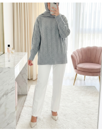 Yarım Boğazlı Şerit Desenli Yumoş Triko Kazak -Gri