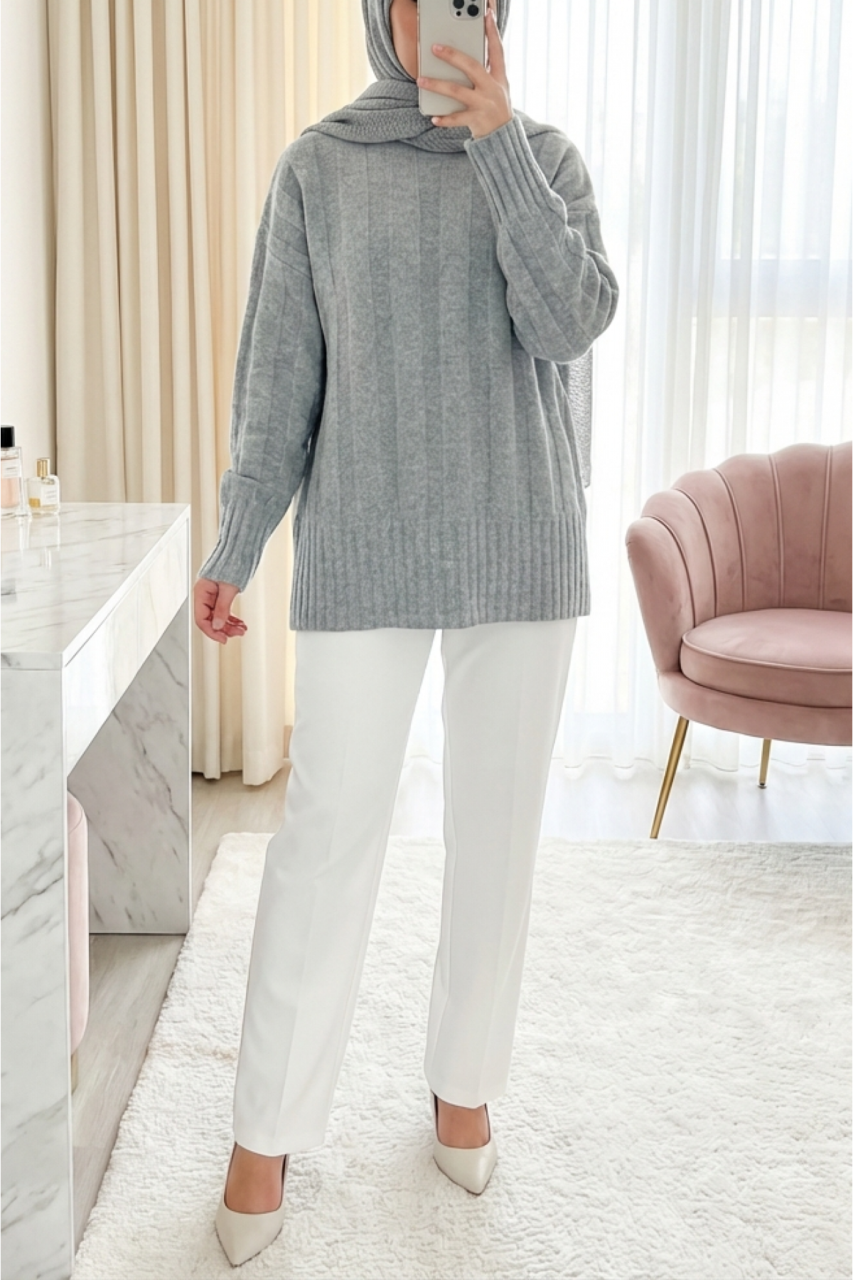 Half-Neck Striped Patterned Soft Knit Sweater -Grey