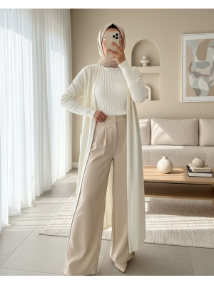 Balıkçı Yaka Fitilli Triko Kazak -Beyaz