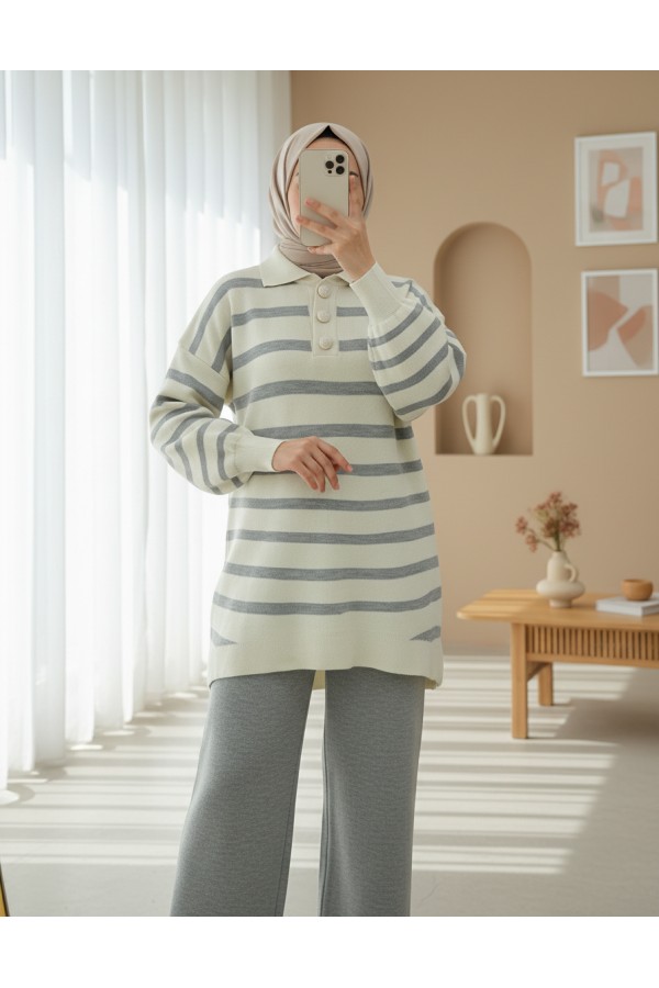 Polo Collar Buttoned Striped Knitwear Suit -Grey
