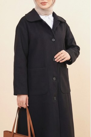 Boydan Düğmeli Cepli Kaban -Siyah