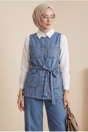 Bol Paça Pantolonlu Cepli Düğmeli Yelekli Kot Takım -Buz Mavi