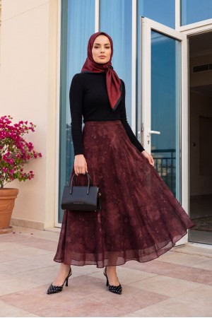 Yandan Fermuarlı Desenli Astarlı Şifon Etek -Bordo