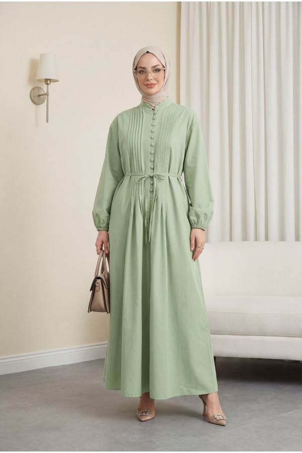Front Ribbed Half-Button Poplin Dress -LIGHT GREEN