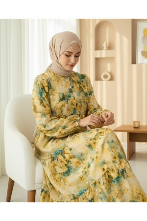 فستان بأكمام مرنة بنقشة مختلطة وأزرار نصفية -خردل