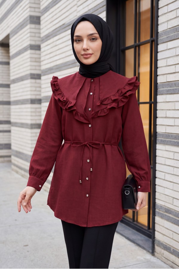 Yakası Çift Kat Fırfırlı Düğmeli Beli Bağcıklı Keten Görünümlü Tunik -Bordo
