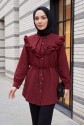 Linen Tunic with Double Layer Ruffled Collar, Buttoned Waist, and Drawstring -Maroon