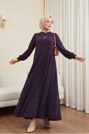 Yan Cepli Boydan Fermuarlı Kolu Lastikli Ferace -Mor