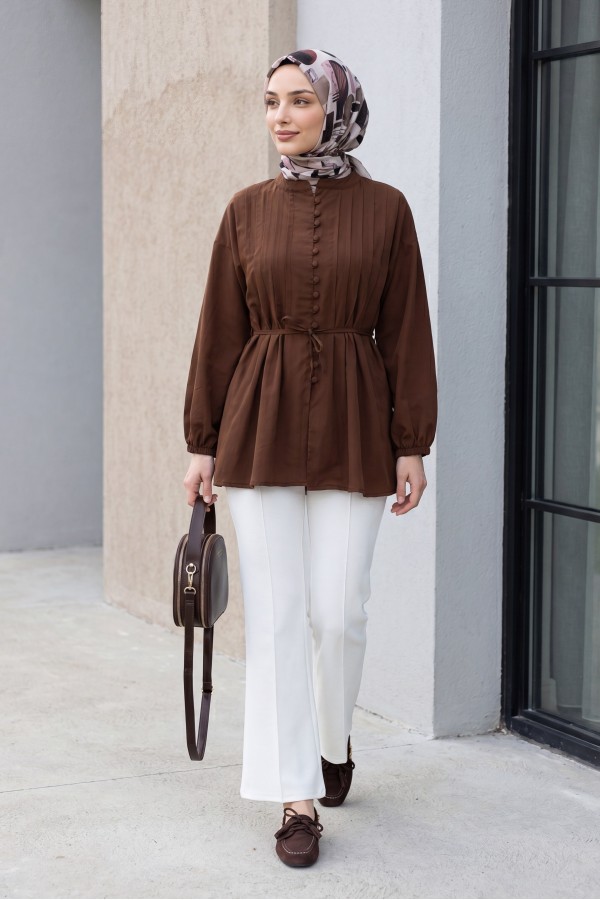 Poplin Shirt with Belted, Elasticated Cuffs, Button Front, and Fold Detail  -Brown