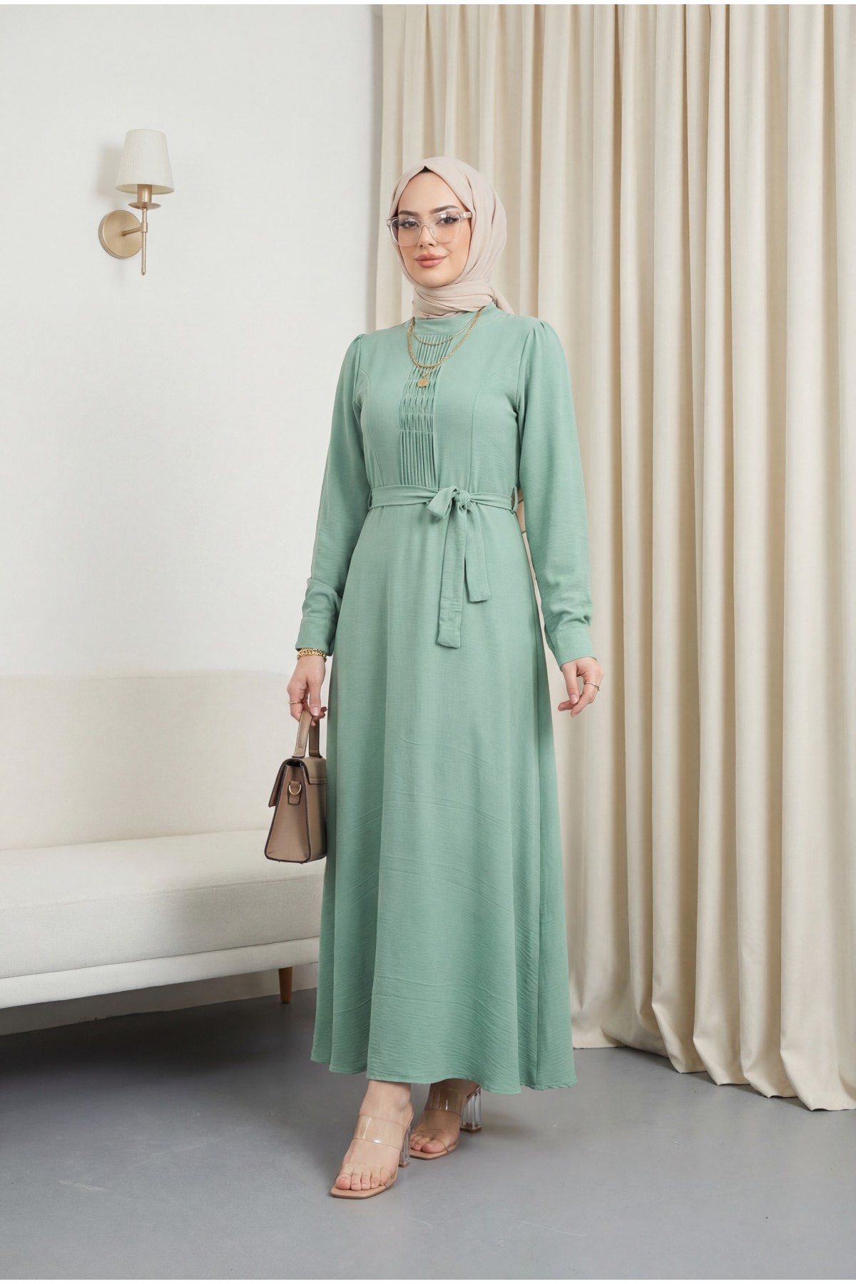Belted Ayrobin Dress with Çima Detail -Cagla Green