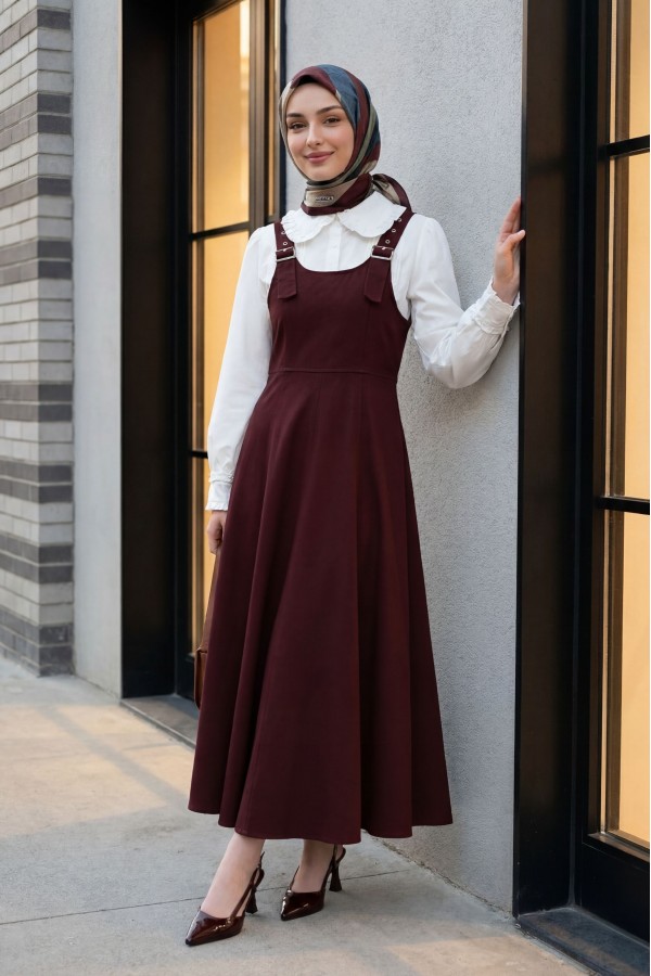 Yarım Fermuarlı Askılı Gabardin Jile  -Bordo