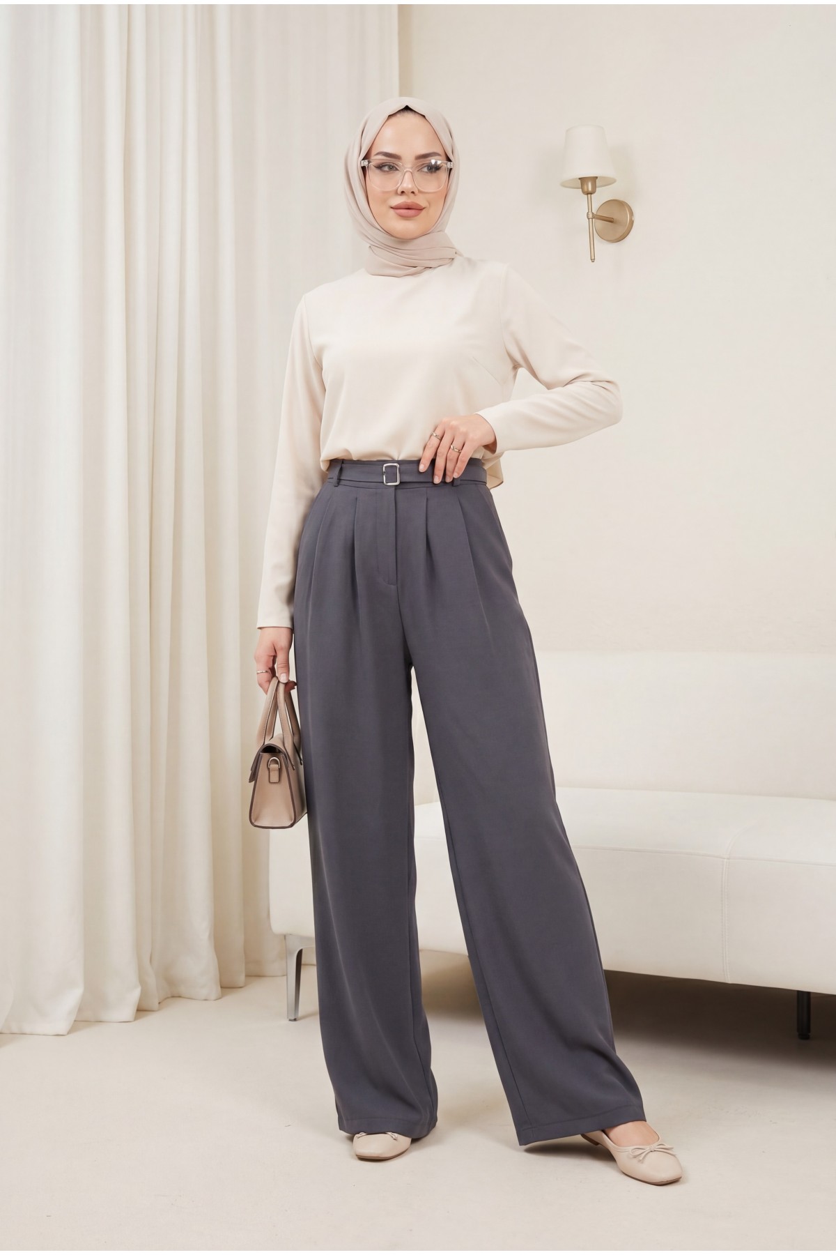 بنطلون Tencel Cupra بتفاصيل حزام خصر مطاطي -لون مدخن