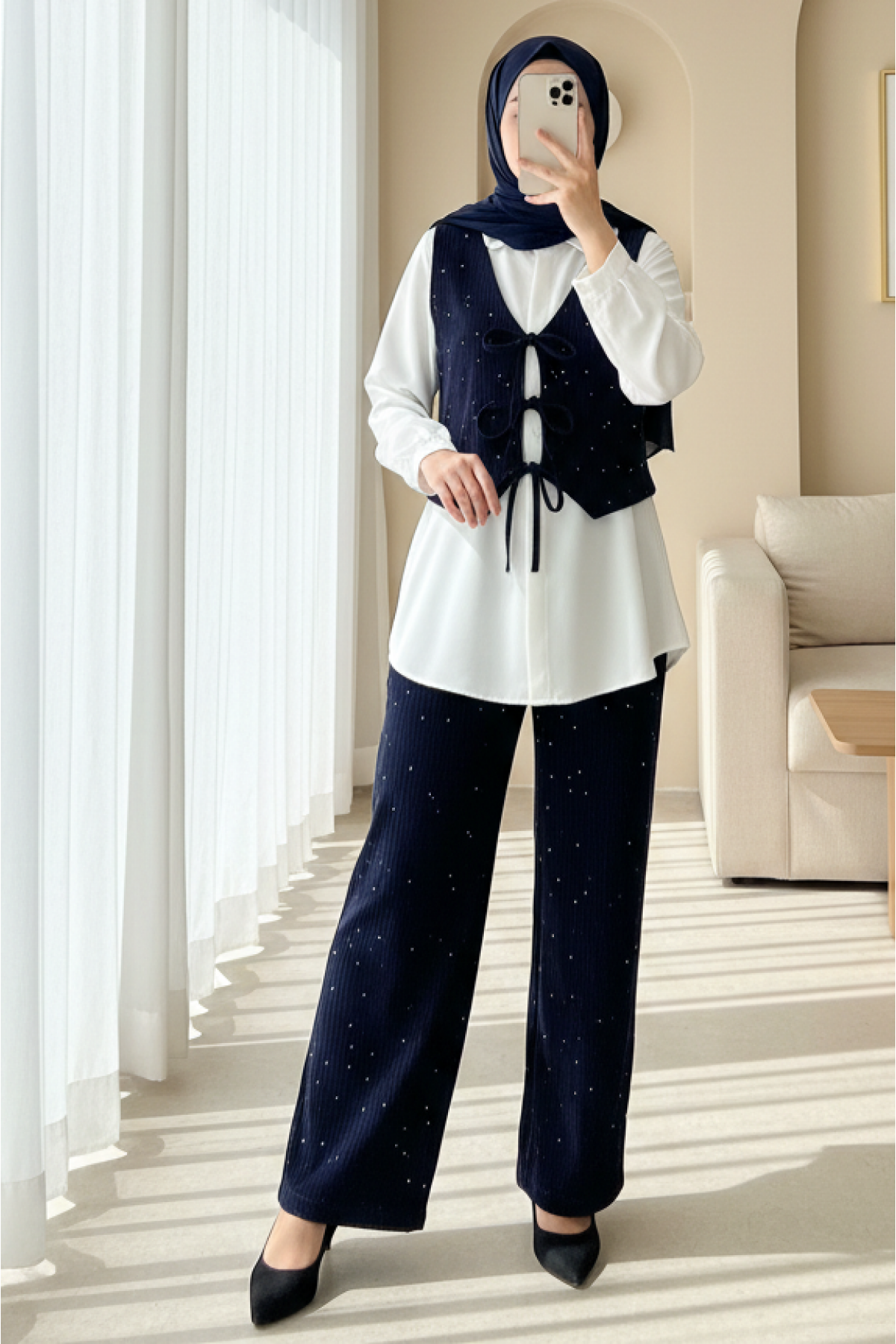 Tie-Front Vest and Trouser Velvet Set -Navy blue