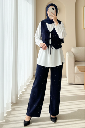 Önü Bağlamalı Yelek Pantolon Kadife Takım  -Laci