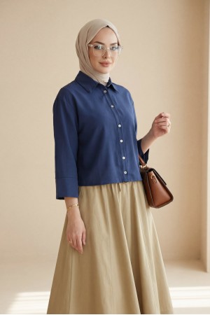 V Yaka Düğmeli Yarım Kol Modal Gömlek -Laci