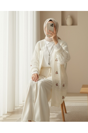 Ajurlu Nakışlı Hırka -Ekru