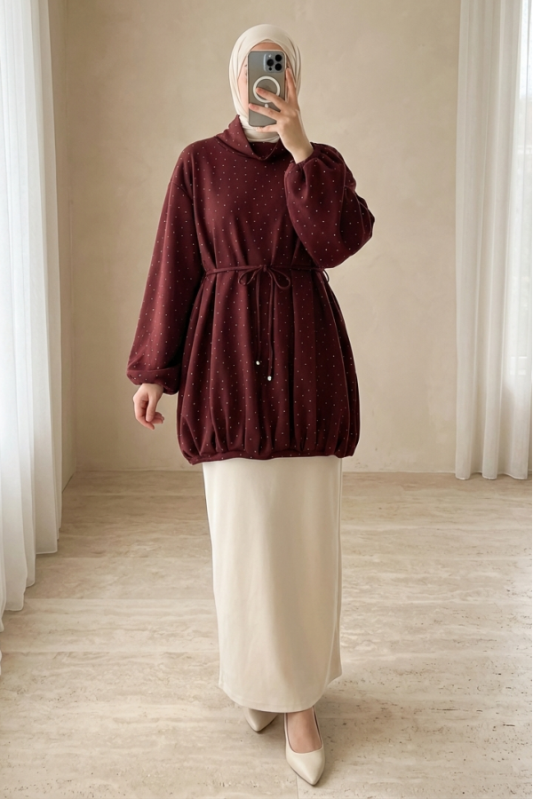 Eteği Lastikli Beli Bağcıklı Yarım Boğazlı Oysho Sweat -Bordo