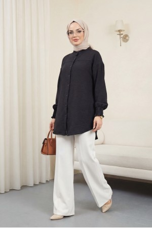 Sleeve Cuff Draped Oval Cut Shirt -Black