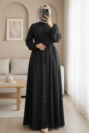 Fermuarlı Kolu Lastikli Beli Kemerli Medine İpeği  Ferace-Siyah