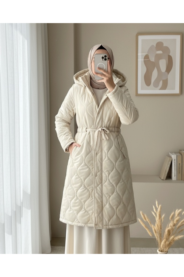 Tünel Bağcıklı Cepleri Çıtçıtlı Kapitone Mont -Krem
