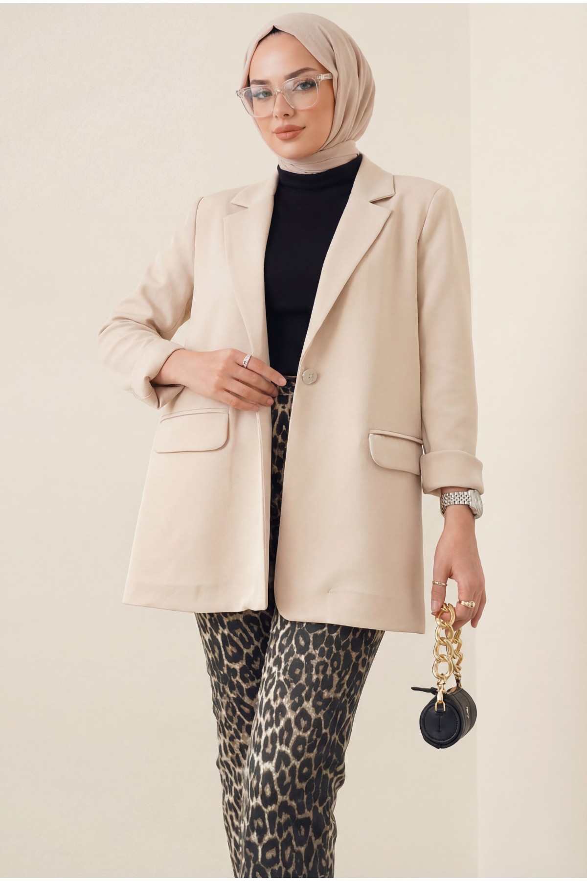 Single Button Lycra Jacket with Pockets - Beige