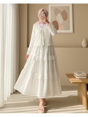 Önü Bağlamalı Fistolu Etekli Takım -Beyaz