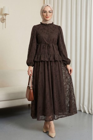 Yakası Fırfırlı Flok Baskı Astarlı Etekli Takım -Kahve