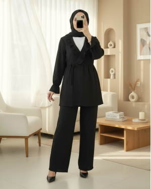 Elastic Sleeves, Ruffle Front, Laced Crinkle Kimono Set -Black