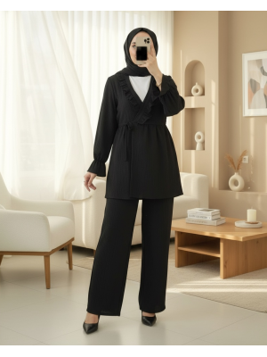 Kolu Lastikli Önü Fırfırlı Bağcıklı Krinkıl Kimono Takım -Siyah