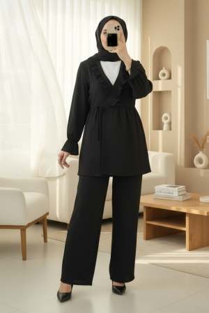 Kolu Lastikli Önü Fırfırlı Bağcıklı Krinkıl Kimono Takım -Siyah