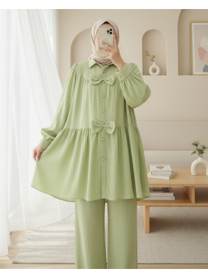 Önü Fiyonk Detaylı Parçalı Gömlek  -Su Yeşili