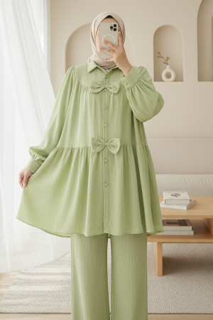 Önü Fiyonk Detaylı Parçalı Gömlek  -Su Yeşili
