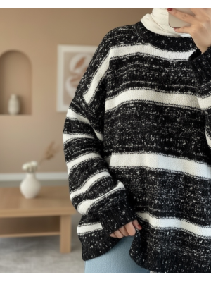 سترة محبوكة بنقشة خطوط سميكة -أسود