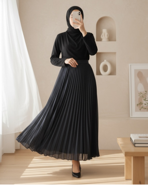 Flounce Elastic Waist Chiffon Pleated Skirt -Navy blue