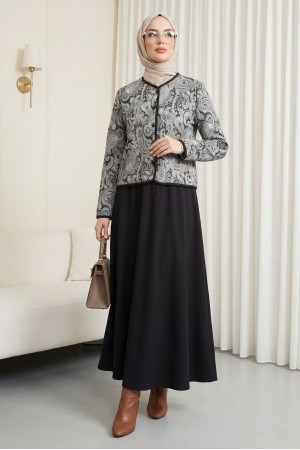 Top Düğme Etnik Desen Etekli Krep Takım -Siyah