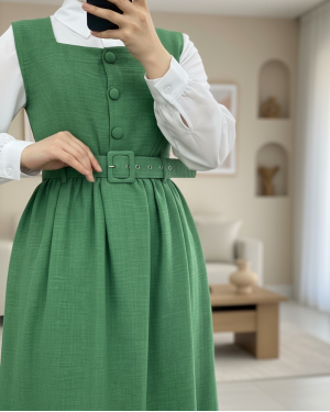 Button Up Dress with Ruffled Waist Belt   -Green