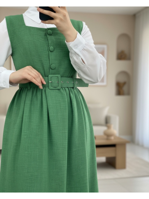 فستان  بأزرار  مع حزام  خصر  مكشكش   -أخضر