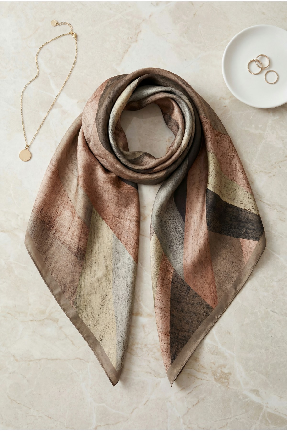Asymmetrical Patterned Rayon Scarf -Light coffee