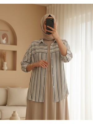 Kadın Çizgili Kısa Kol Gömlek 20344 - A.Lacivert