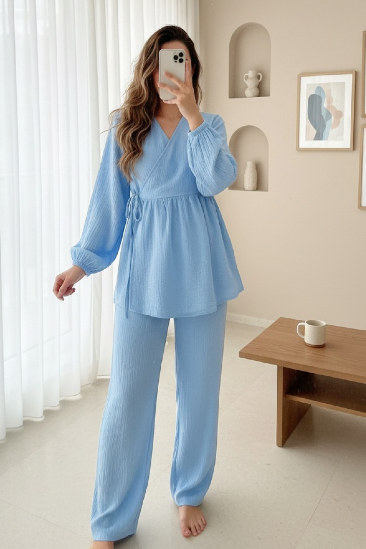 Elasticated Sleeves and Rope Tie Muslin Set -Blue