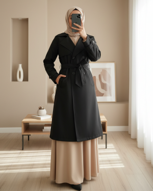 5918 Kruvaze Yaka Trençkot - Siyah