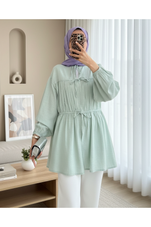 قميص بأكمام مرنة ورباط أمامي -لون النعناع