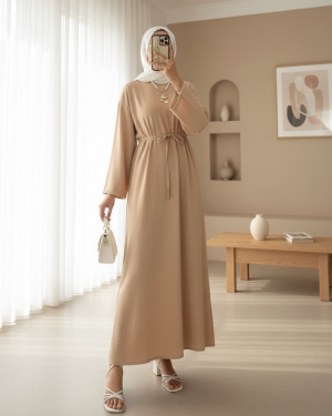 Linen Dress with Tied Waist and Back Zipper - Beige